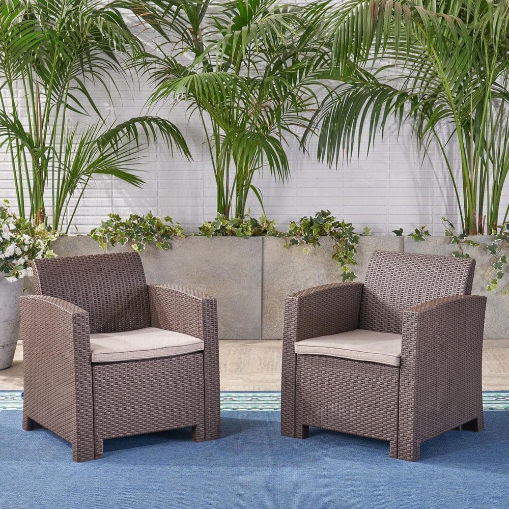 Set of 2 Brown Plastic Lounge Chairs with Mixed Beige Cushions