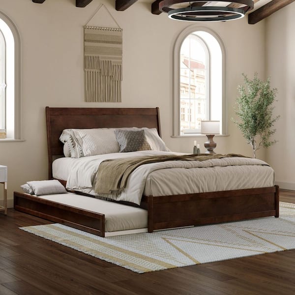 Casanova Walnut Brown Solid Wood Frame Queen Platform Bed with Panel Footboard and Twin XL Trundle