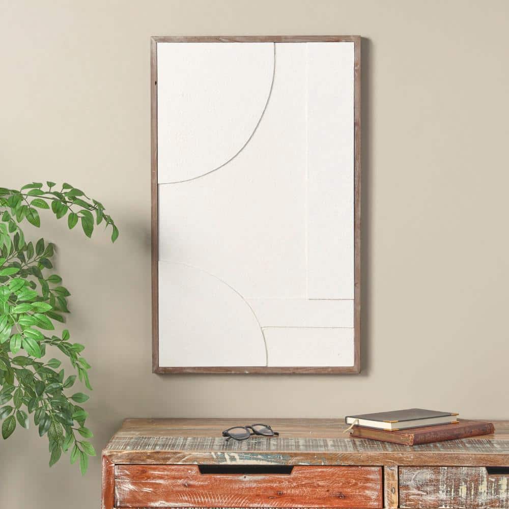 White Geometric Textured Wall Art with Brown Solid Wood Frame