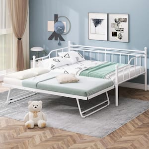 White Full Size Metal Daybed with Twin Size Adjustable Portable Folding Trundle