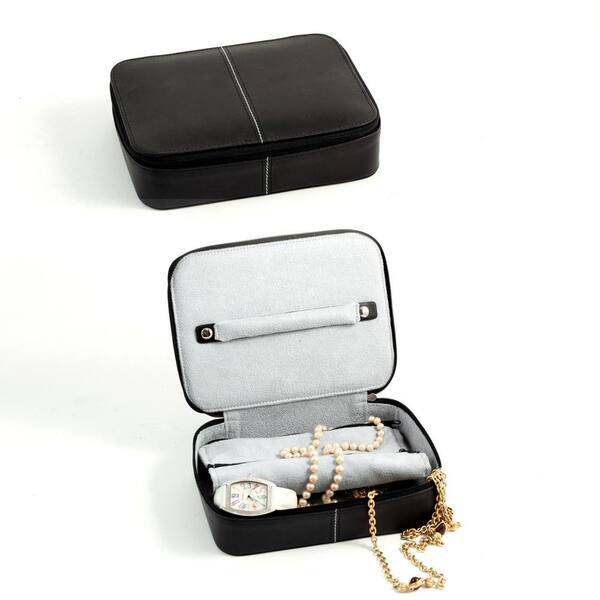 BEYBERK Black Leather Multi Compartment Jewelry Box with Zippered Closure BB630BLK The Home Depot