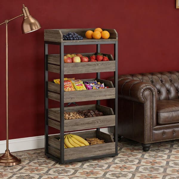 Tileon 5-Drawer Gray Wood Storage Basket Stand, Wine Organizer