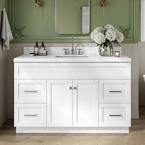 ARIEL Hamlet 54.25 in. W x 22 in. D x 36 in. H Single Sink Freestanding Bath Vanity in White with Carrara White Quartz Top