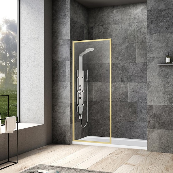 ROSWELL Arcos 34 in. W x 74 in. H Framed Fixed Glass Panel in Brushed Gold