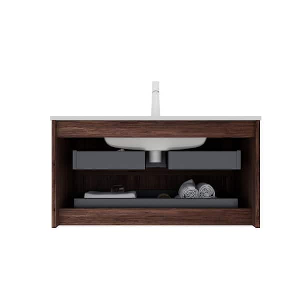 FUNKOL 29.92 in. x 18.31 in. x 20.4 in. White Deep Walnut Color Wall Mounted Plywood with Sink Bathroom Vanity with 2 Drawers