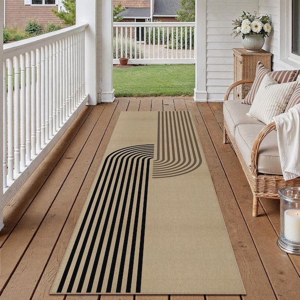 Keloni Linen-look Brown/Black 2 ft. x 8 ft. Geometric Area Rug