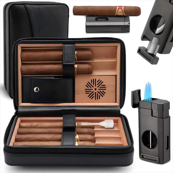 Leather Cedar Wood Cigar Case with Cigar Lighter, Portable Travel Cigar Humidor Box with Humidifier, Black