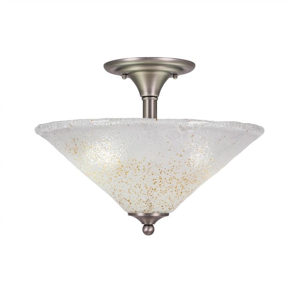 Unbranded Bristol 12.75 in. 2-Light Brushed Nickel Semi-Flush with 16 in. Gold Ice Glass Shade No Bulbs Included