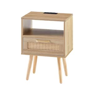 Anky 15.75 in. Natural Wood Rectangle MDF Rattan End Table 1-Drawer Nightstand Side Table with Power Outlet & USB Ports