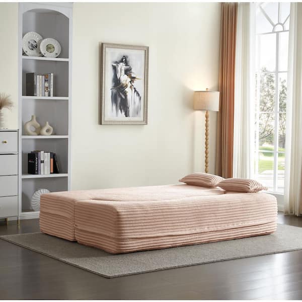 78" Square Arm Corduroy Curved Floor Sofa with 2 Pillows Foam-Filled Sleeper Sofa Bed 15" Full Folding Mattress in Pink