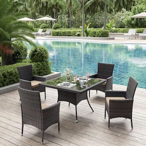 5-Piece Wicker Square Patio Outdoor Dining Set with Glass Tabletop and 1.5 in. Umbrella Hole, Sand Cushion