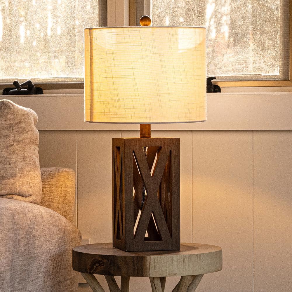 Stewart Rustic 21.5" Brown Wood Table Lamp with White Linen Shade