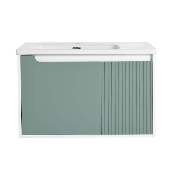 Modland Yunus 35 in. W x 19 in. D x 20 in. H Single-Sink Floating Bath Vanity in Mint Green with White Ceramic Top