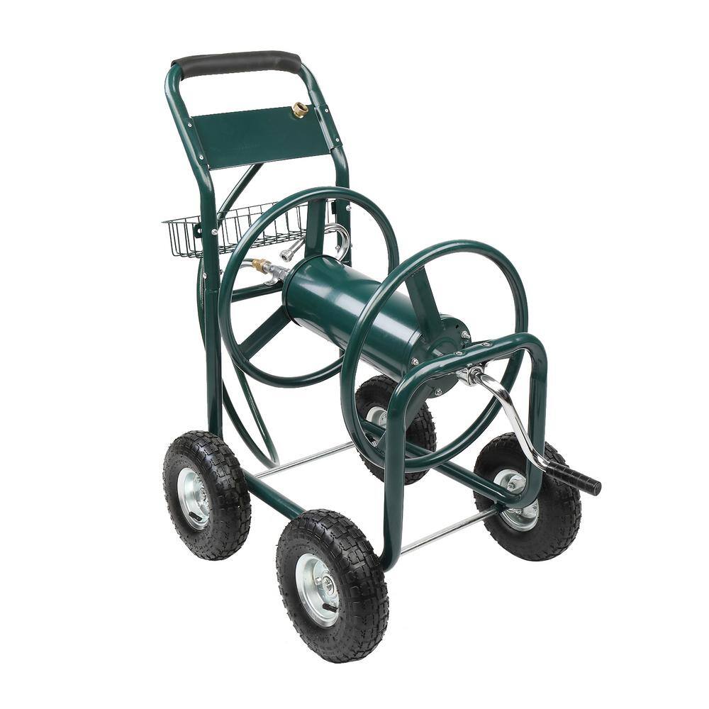 Green Steel Four-Wheel Hose Reel Cart with Manual Crank