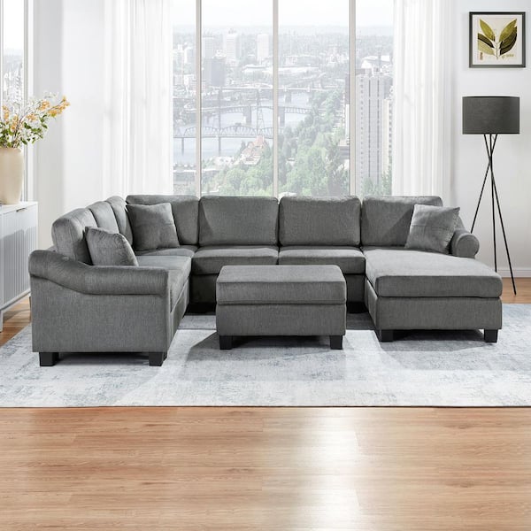 Luxury Collection 111.8 in. Rolled Arm 7-Piece Chenille U-Shaped Sectional Sofa with Ottoman in Dark Gray