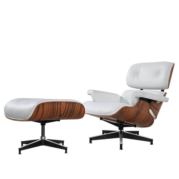 Z-joyee White Faux Leather Swivel Lounge Chair and Ottoman