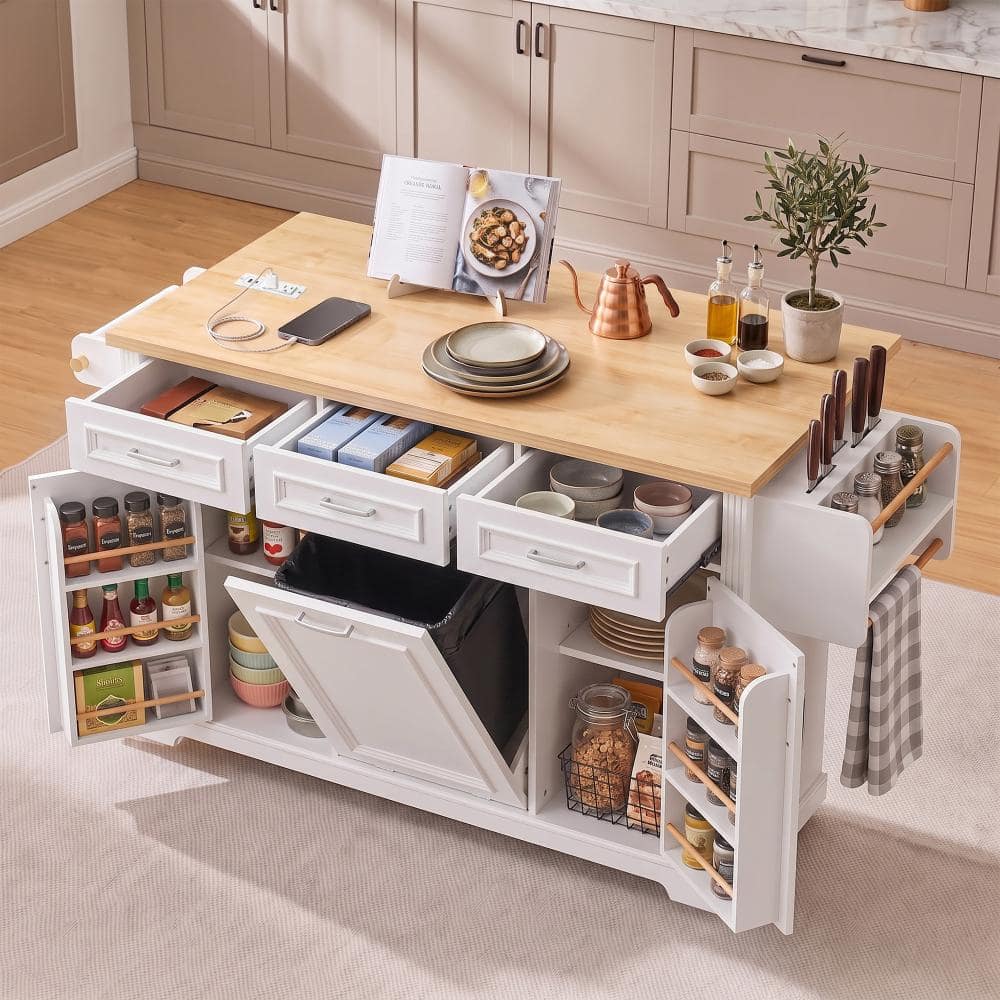 White Wood 64.6 in. W Kitchen Island with Drop Leaf and Trash Can Storage