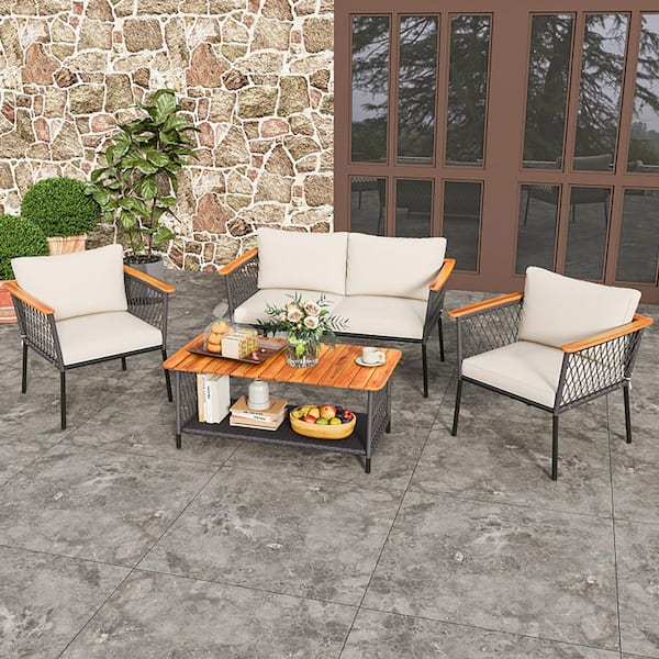 Boyel Living 4-Piece Metal Patio Conversation Set with White Cushions and 2-Tier Coffee Table