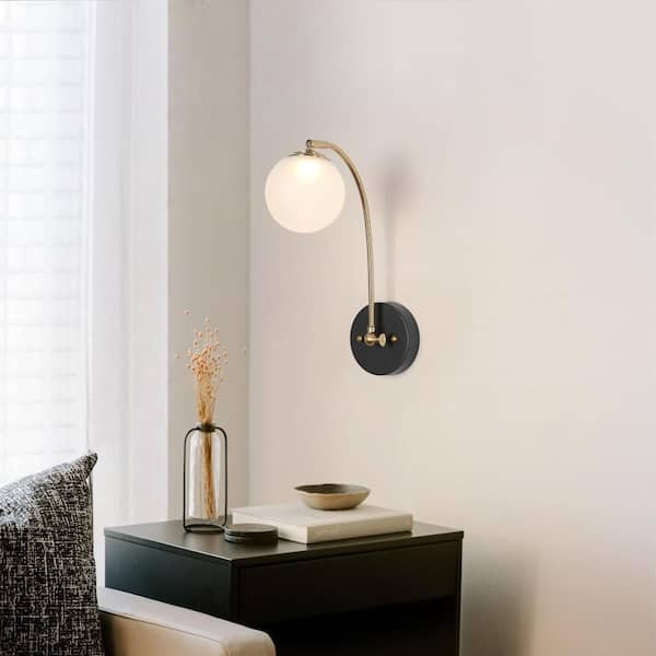 Modern Farmhouse 1-Light Brass gold Integrated LED Swing Arm Wall Sconce, Black Wall Lamp with Globe Frosted Glass Shade