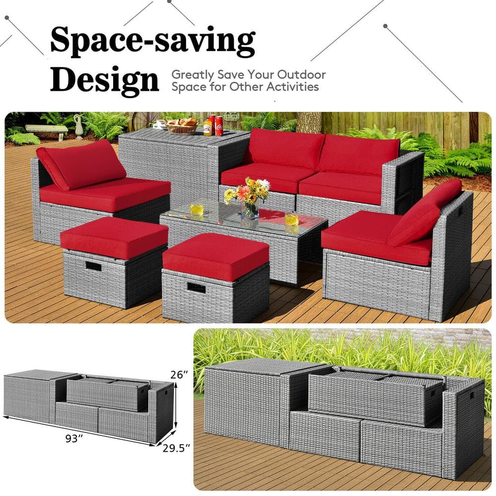8-Piece Gray Rattan Patio Set with Red Cushions and Storage