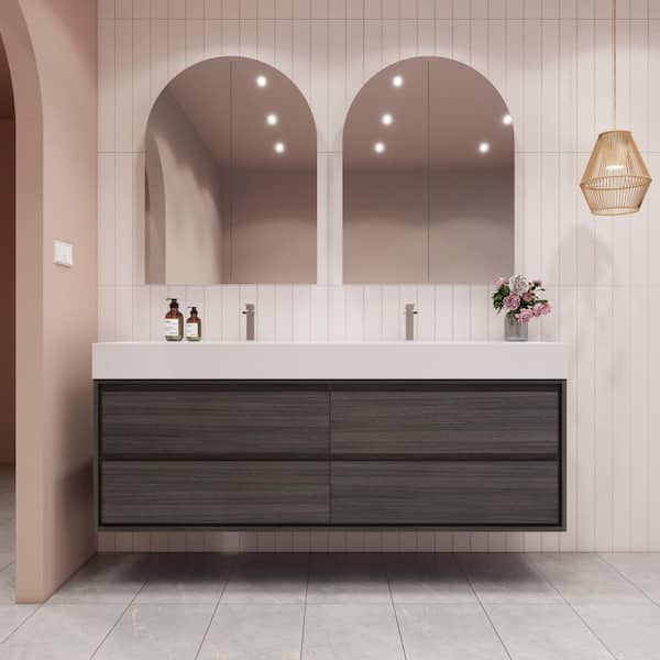 BV Better Vanity Saggie 71 in. W. x 20 in. D x 28 in. H Double Sink Floating Bath Vanity in Dark Gray Oak with White Acrylic Top