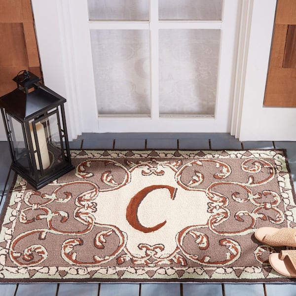 Monogram Mocha 3 ft. x 4 ft. "C" Ornate Floral Indoor/Outdoor Area Rug