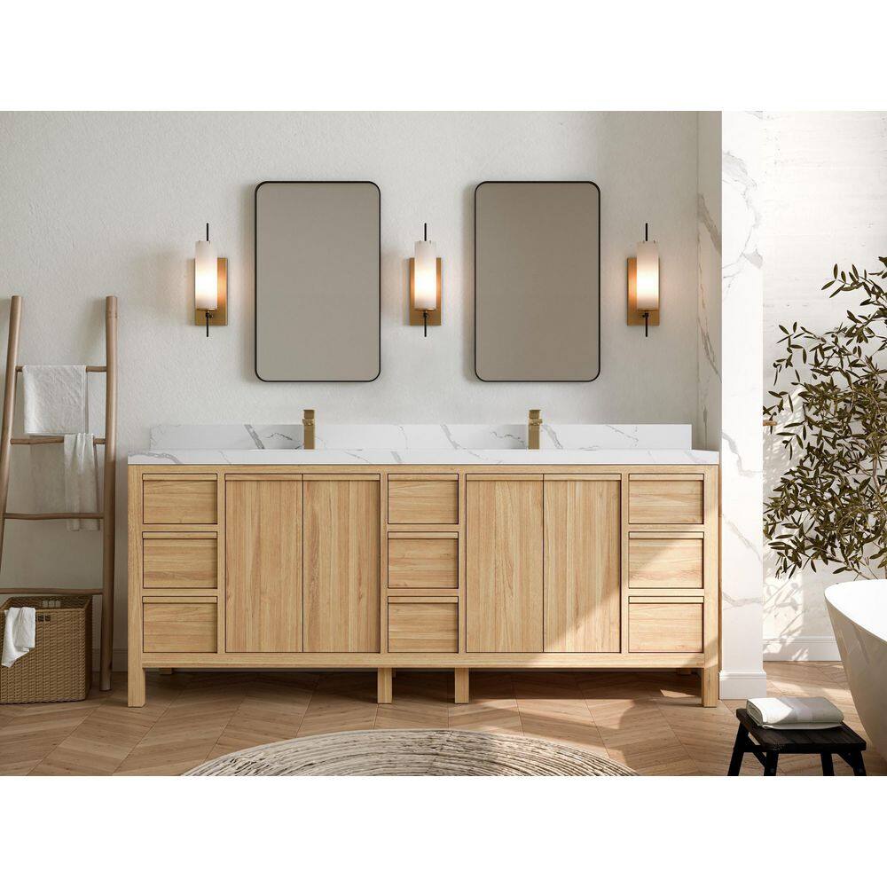 Elizabeth 84" Light Brown Teak Double Sink Bathroom Vanity with Calacatta Quartz Top