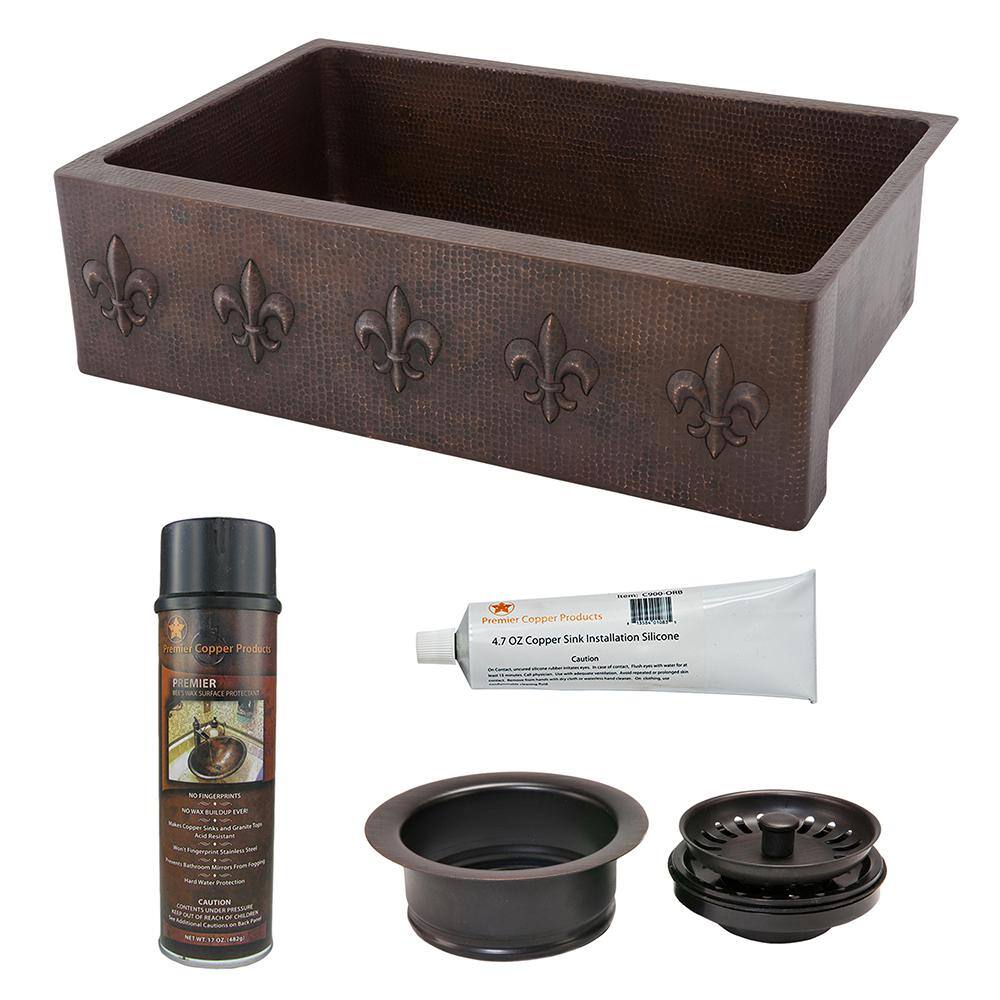 33" Hammered Copper Farmhouse Apron Sink with Fleur De Lis