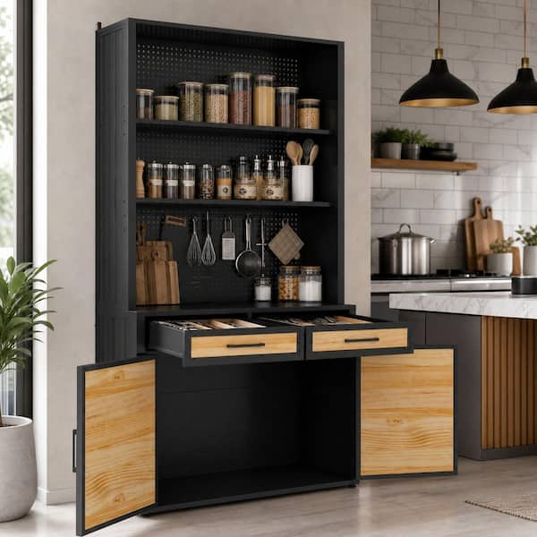 FUFU&GAGA Black and Natural Wood 47.2 in. x 82.7 in. Pantry
