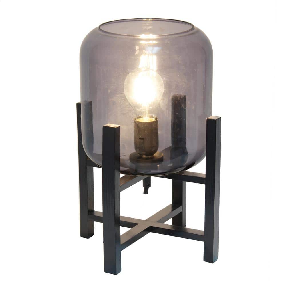 Black Wood Mounted Nightstand Lamp with Smoke Glass Barrel Shade