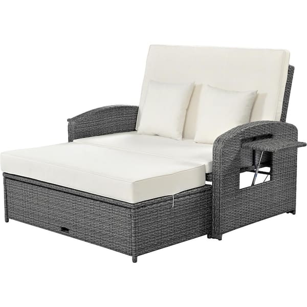 2-Person Wicker Rattan Outdoor Reclining Day Bed with 3-Height Adjustable Back and White Cushions