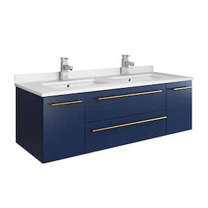 Lucera 48 in. W Wall Hung Bath Vanity in Royal Blue with Quartz Stone Double Sink Vanity Top in White with White Basin