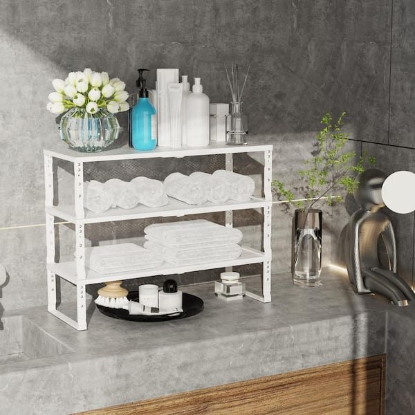 16.6 in. to 26.5 in. Expandable White Spice Rack, Kitchen Organizer, Stackable Metal Pantry Storage for Countertop