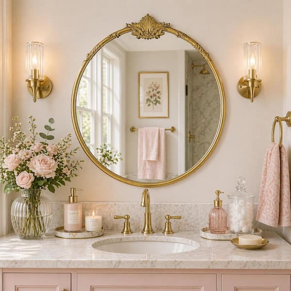 Deco Mirror 24 in. W x 25.5 in. H Vintage Antique Brass Round