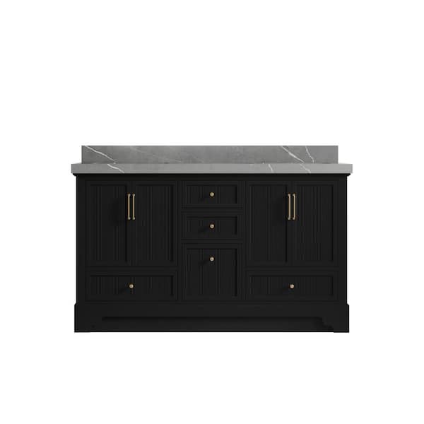 Willow Collections Alys 60 in. W x 22 in. D x 36 in. H Double Sink Bath Vanity in Black with 2 in. Piatra Quartz Top