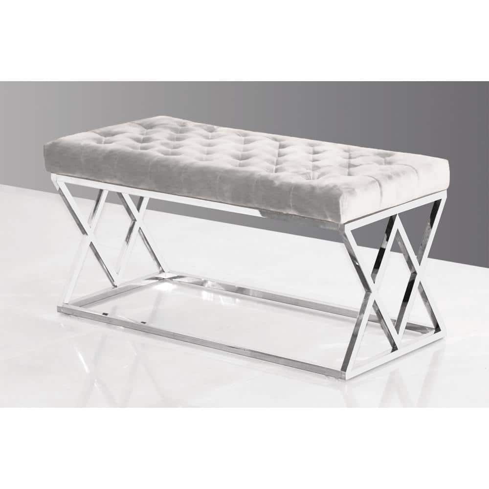 Contemporary Gray Velvet Tufted Bench with Stainless Steel Legs