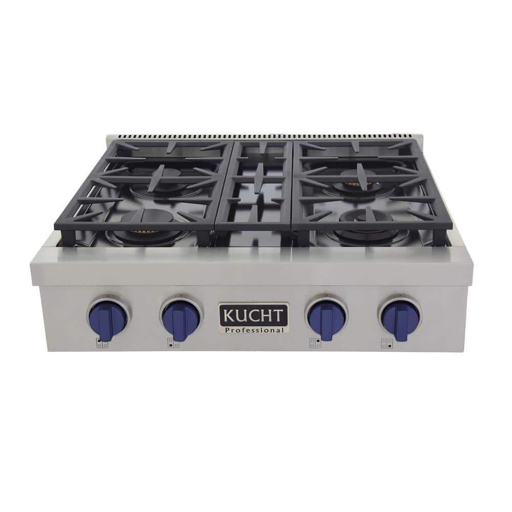 Kucht Professional 30 in. Natural Gas Range Top in Stainless Steel and Royal Blue Knobs with 4 Burners