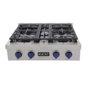 Professional 30 in. Natural Gas Range Top in Stainless Steel and Royal Blue Knobs with 4 Burners