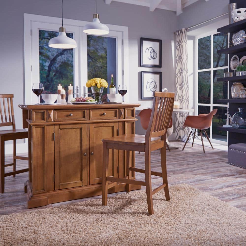 Americana Oak Wood Kitchen Island Set with Stools