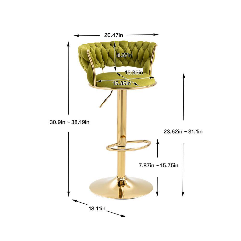 Emerald Green Velvet Adjustable Swivel Bar Stools with Gold Base, Set of 2