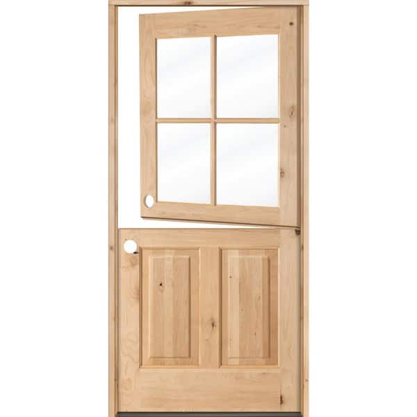 Krosswood Doors 32 in. x 80 in. Farmhouse Knotty Alder Right-Hand/Inswing 4-Lite Clear Glass Unfinished Dutch Wood Prehung Front Door