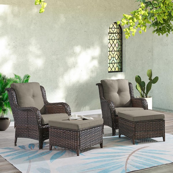 ArcoBay 4-Piece Brown Wicker Outdoor Lounge Chairs Patio Armchairs with Gray Cushions and Ottomans