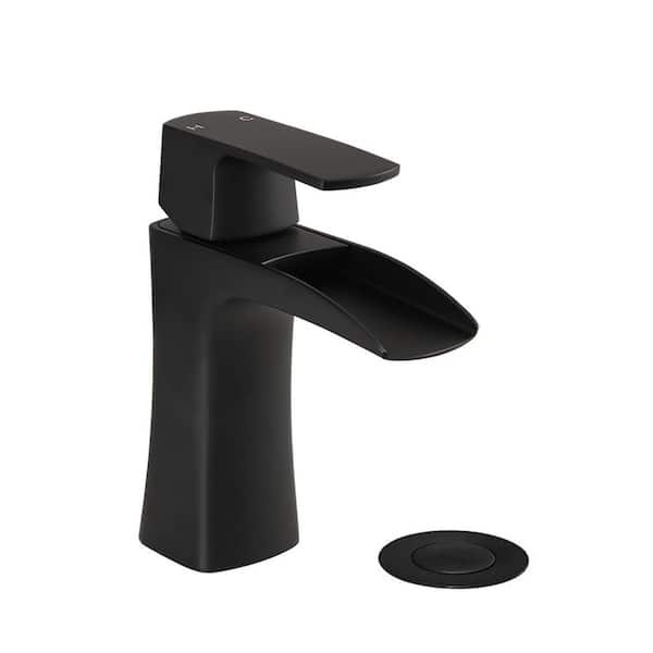 Single Handle Waterfall Spout Single Hole Bathroom Sink Faucet with Pop-Up Drain in Matte Black