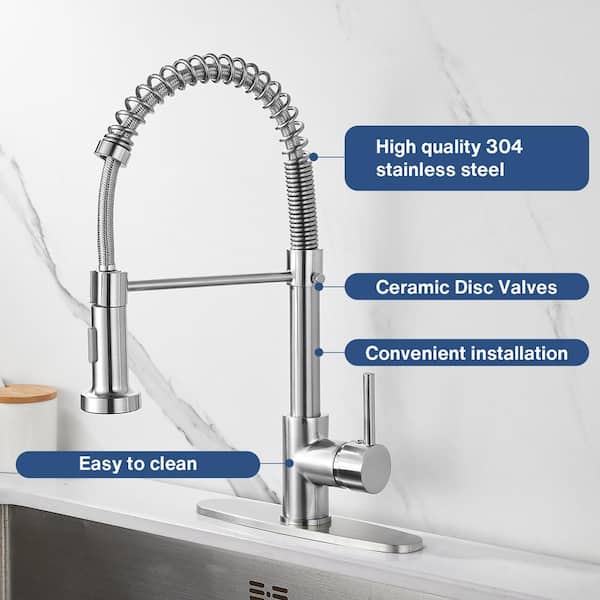 Single-Handle Pull Down Sprayer Coil Spring High-Arc Kitchen Faucet with Deckplate Sink Faucet in Brushed Nickel