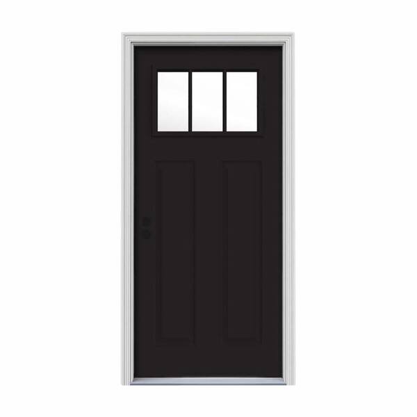 JELD-WEN 32 in. x 80 in. 3 Lite Craftsman Black w/ White Interior Steel Prehung Right-Hand Inswing Front Door w/Brickmould