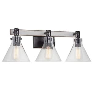 Anza 24.75 in. 3-Lights Black with White Ash Wood Style Farmhouse Bathroom Vanity Light