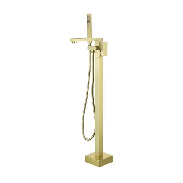 Single Handle Floor Mount Bathtub Faucet Freestanding Tub Filler Standing Shower Faucets with Handheld Shower in Gold