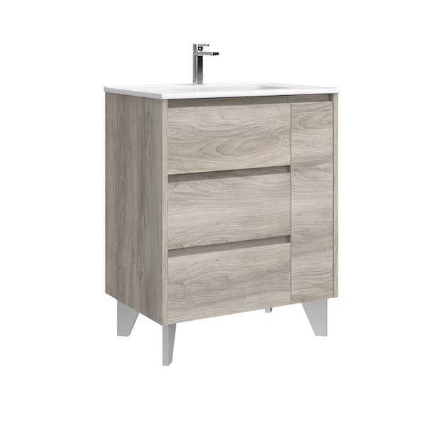Lila 28.0 in. W Single Basin Freestanding Bath Vanity in Grey Pine with Ceramic White Top