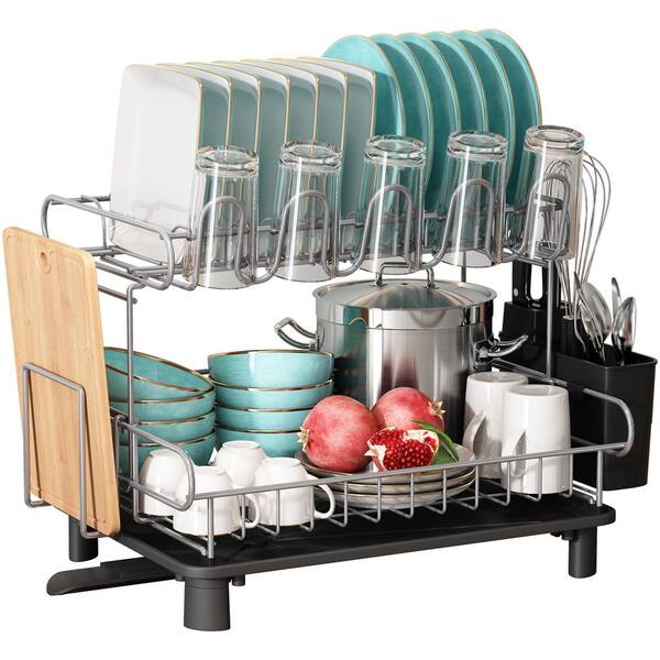 JASIWAY 2-Tier Metal Standing Dish Rack in Sliver
