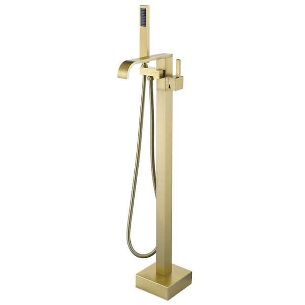 1-Handle Freestanding Tub Faucet Floor Mounted Bathtub Filler Faucet with Hand Shower in Brushed Gold